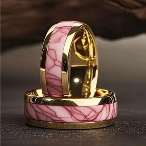 8mm Pink Marbled or Opalescent Textured Stainless Steel Gold Plated Ring